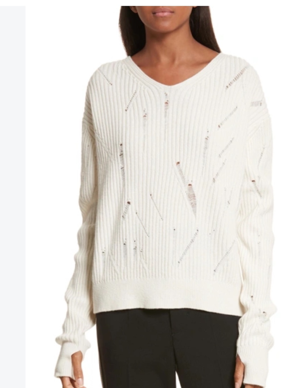 HELMUT LANG White V-Neck Distressed Ribbed Sweater